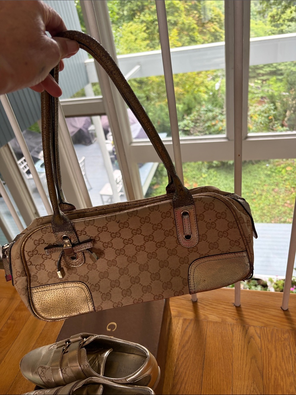 Gucci Beige Monogram Shoulder Bag with Gold Trim